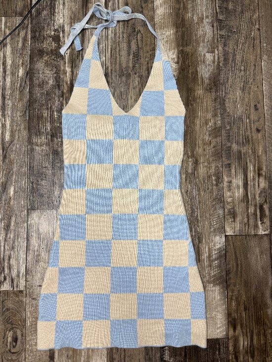 Peppermayo Dresses & Skirts - Peppermayo Blue Cream Checkerboard Halter Mini Dress Knit Open Back S/M